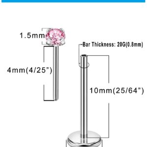 FANSING Tragus Piercing Jewelry Surgical Steel Cartilage Earrings 20g Threadless Nose Stud 10mm Lip Ring Push in Labret 1.5mm Pink CZ for Women Conch Helix Rook Flat Back