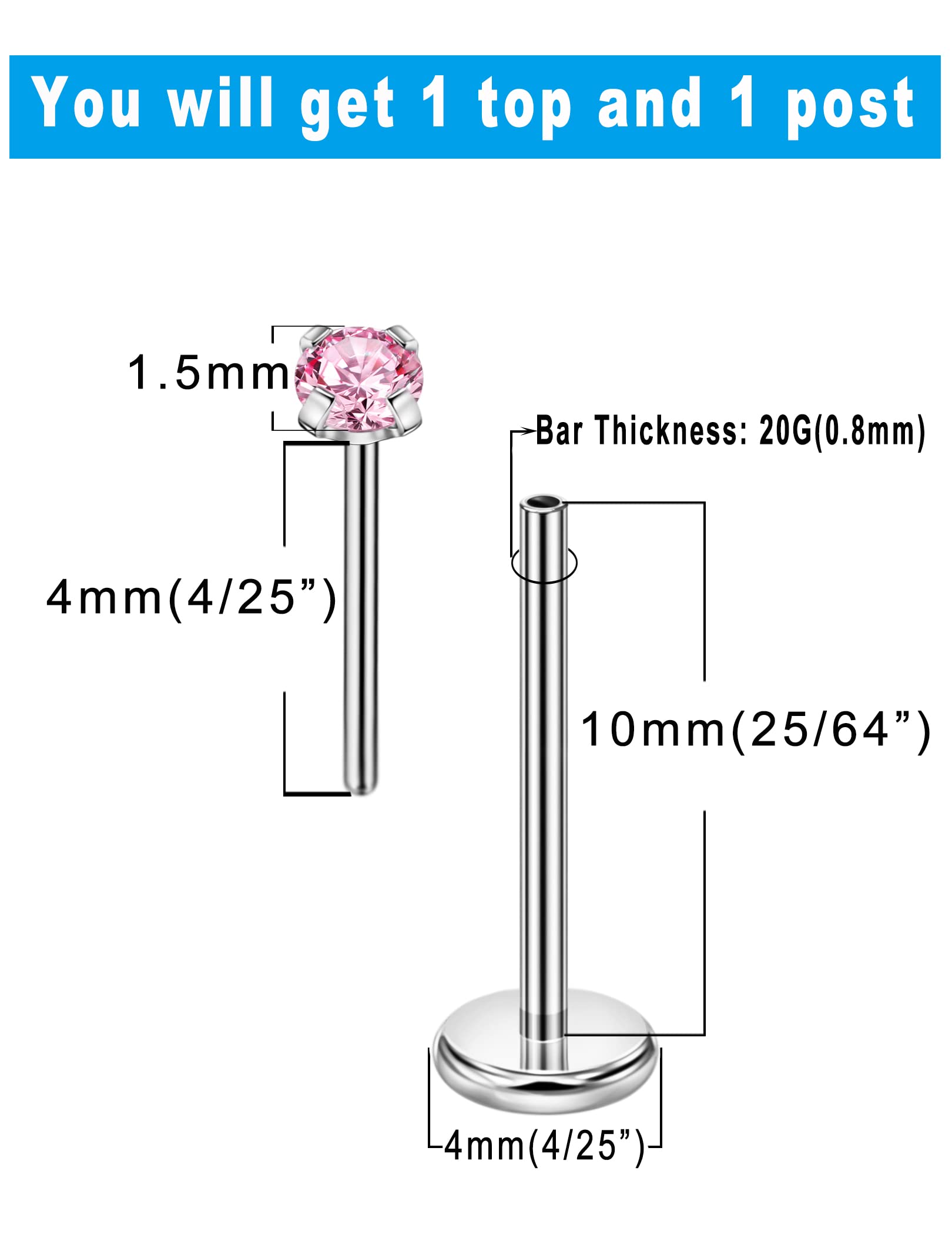 FANSING Tragus Piercing Jewelry Surgical Steel Cartilage Earrings 20g Threadless Nose Stud 10mm Lip Ring Push in Labret 1.5mm Pink CZ for Women Conch Helix Rook Flat Back