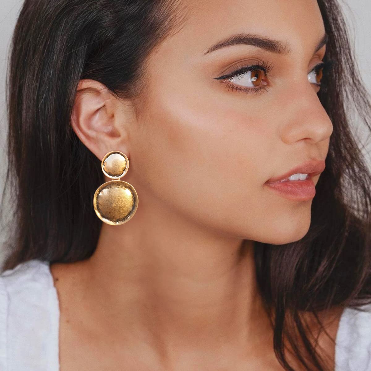 MUYAN Retro Frosted Gold Double Round Disc Dangle Earrings for Women Vintage Matte Gold Circle Drop Earrings