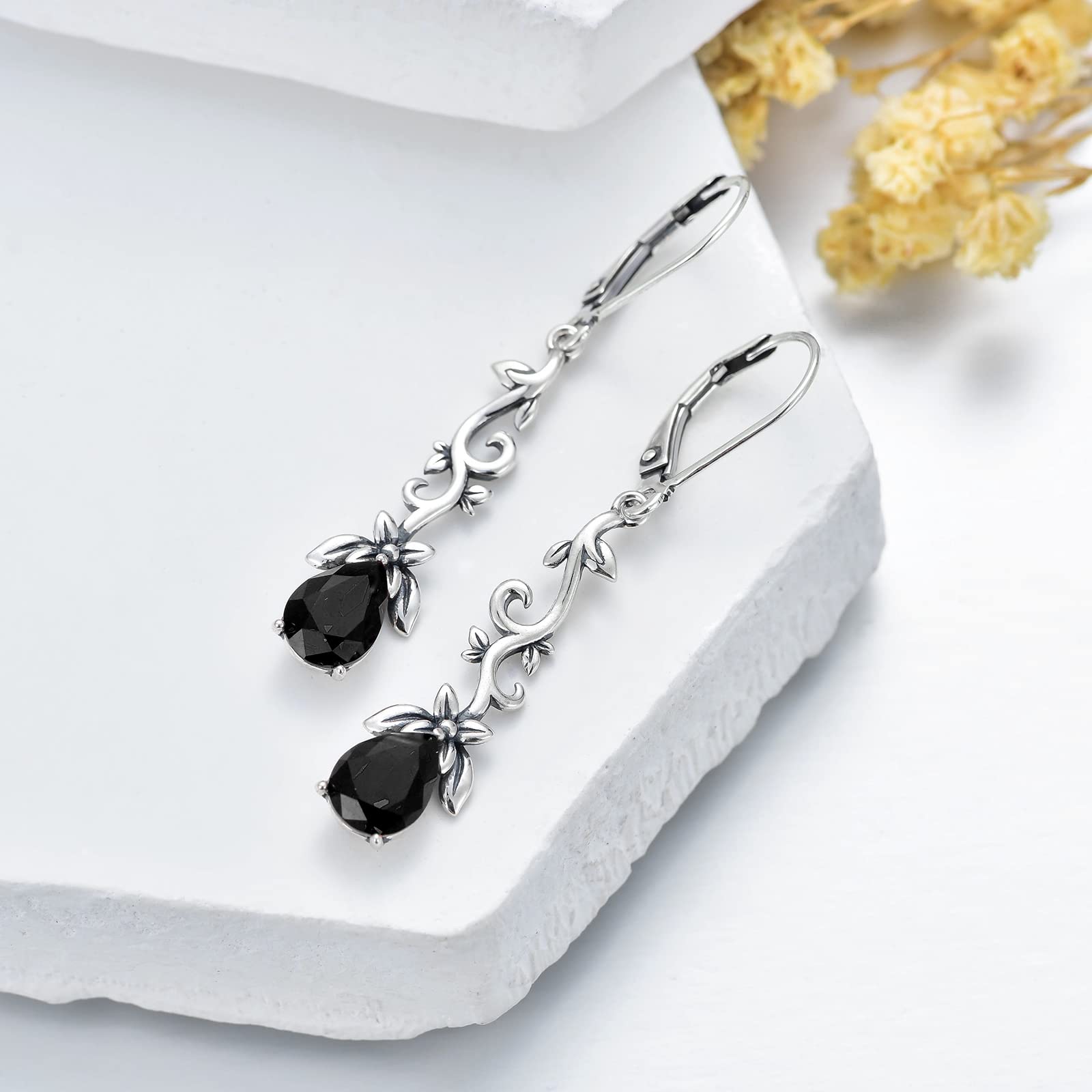 Black Earrings for Women 925 Sterling Silver Vintage Oxidized Branches Dangle Drop Leverback Earrings with Jet Black Crystal, Earrings Gifts for Women