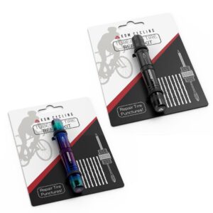 kom cycling tubeless tire repair kit for bikes – black and iridescent bundle! fixes mountain bike and road bicycle tire punctures – includes tire repair fork and reamer, 8 bacon strips.