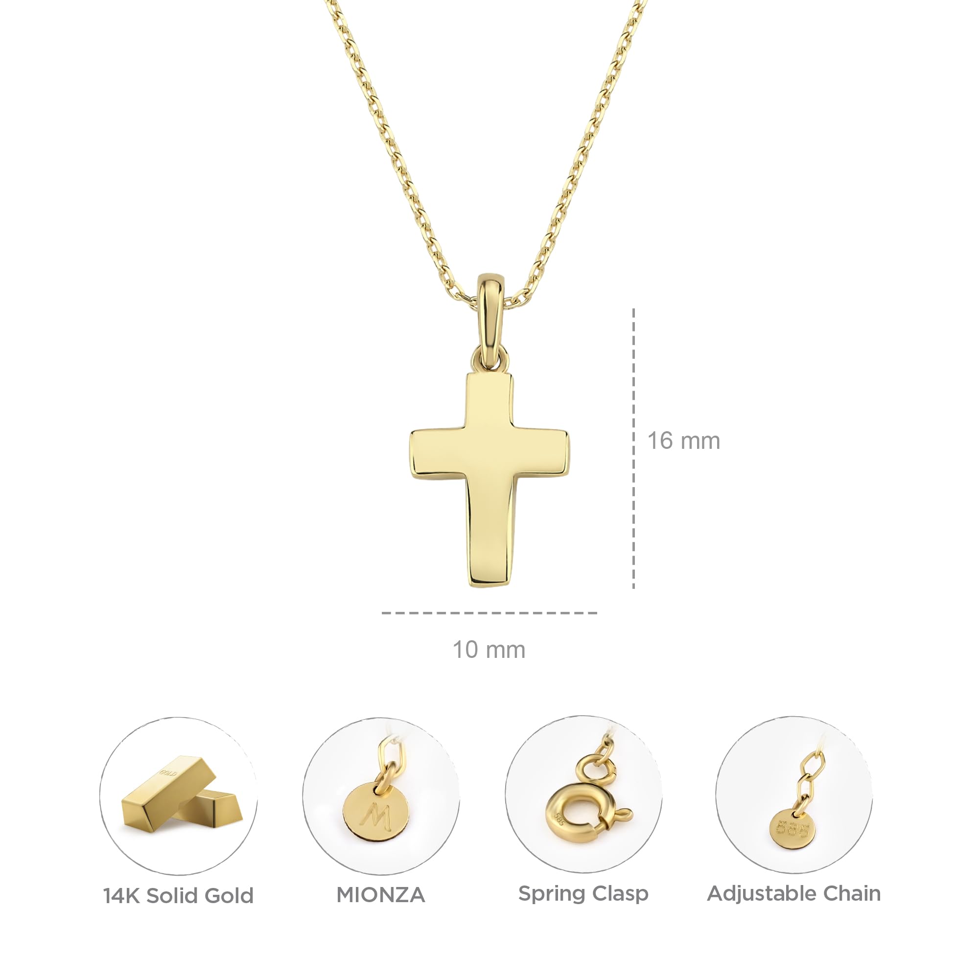 MIONZA 14K Solid Gold Cross Necklace for Women, Women’s Yellow Gold Cross Pendant Necklace | Christian Necklace, Crucifix Necklace, Gift for Her 18''