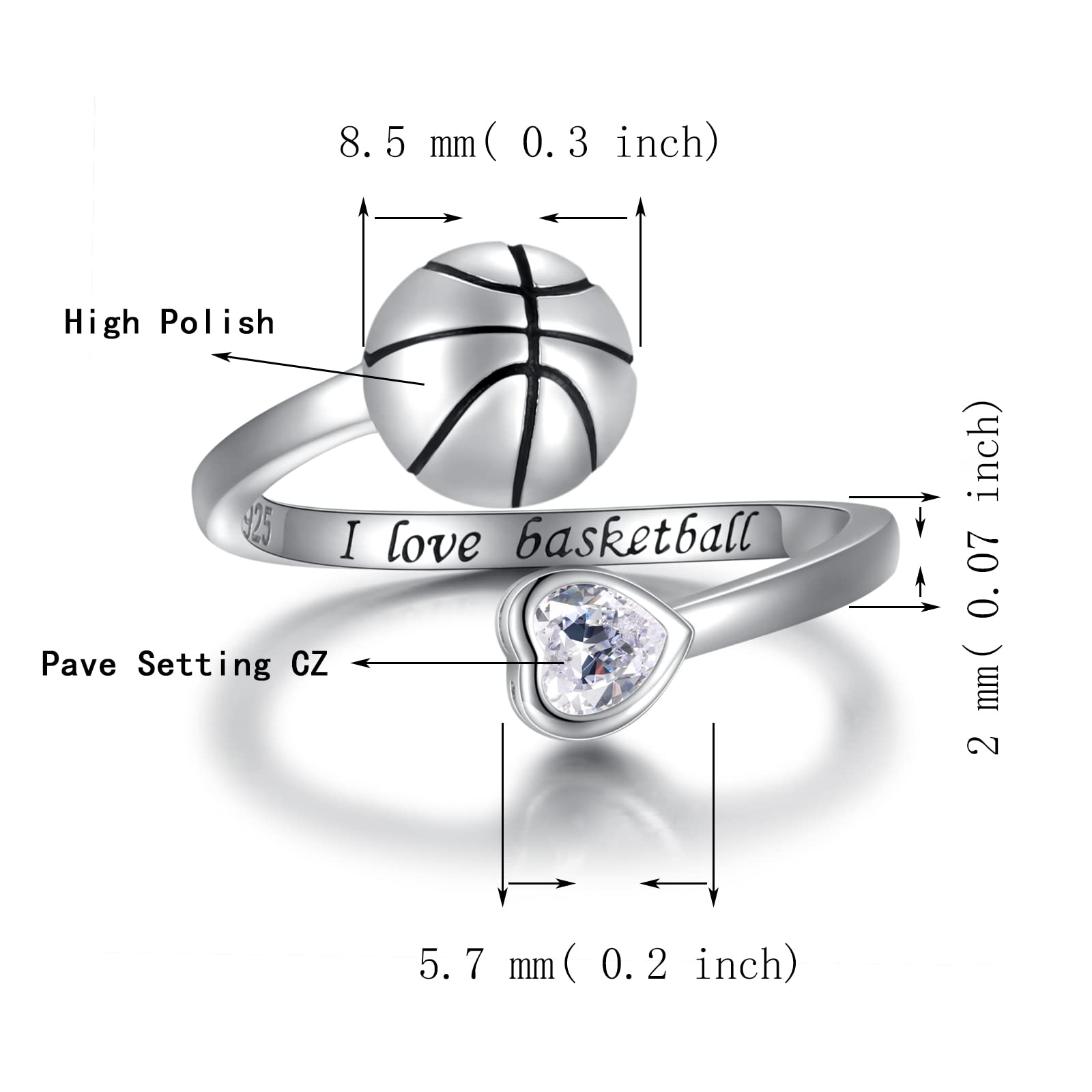 925 Sterling Silver Basketball Baseball Softball Football Tennis Racket Ring Adjustable Sports Jewelry Gifts for Women Player Mom (Basketball)