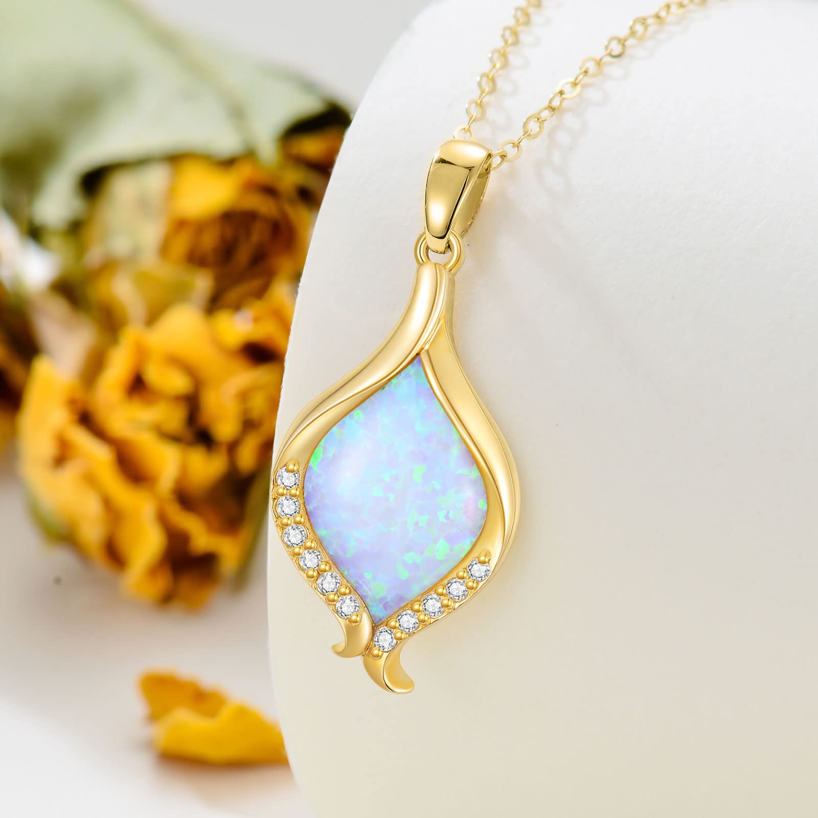 Ayafee 14K Real Gold White Opal with Genuine Diamond Pendant Necklace for Women Opal Jewelry Gift for Birthday Valentine’s Day Chain 16-18" (1/20 ctw, D, VVS1)