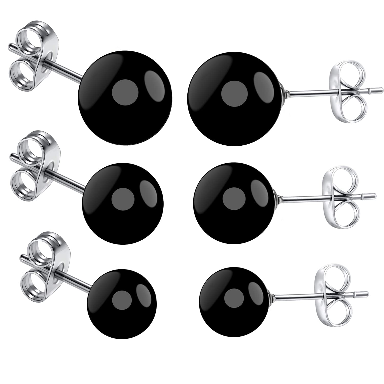 IRUMENG Black Obsidian Ball Earrings Studs, 3 Pairs Black Ball Studs Earrings Set Size 4/6/8mm 925 Sterling Silver Studs