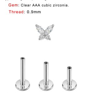 FANSING Clear CZ Butterfly Nose Studs for Women Nostril Silver Earrings Stud Surgical Steel Cartilage Conch Helix Tragus Piercing Jewelry with 16g 6mm 8mm 10mm Internally Threaded Posts