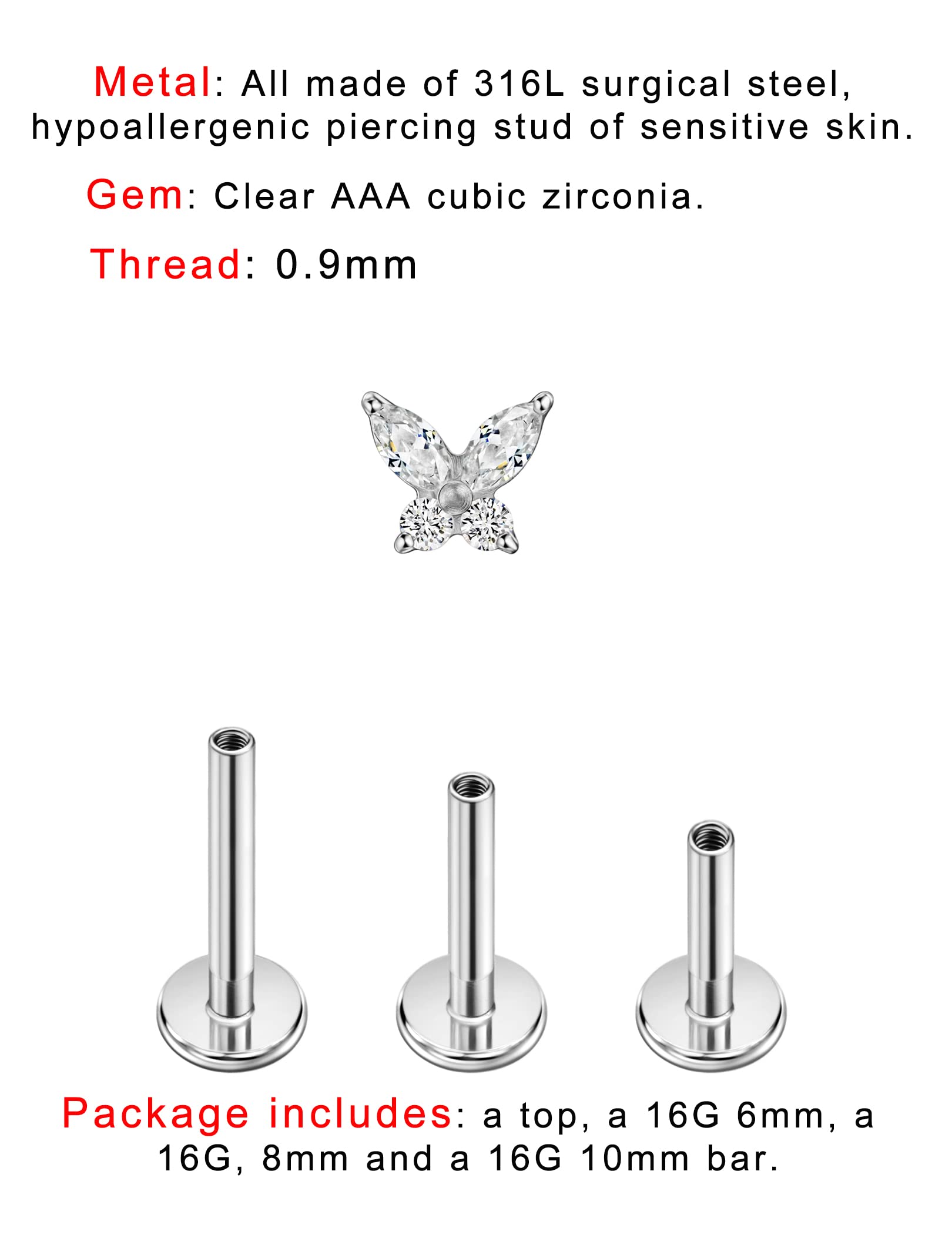 FANSING Clear CZ Butterfly Nose Studs for Women Nostril Silver Earrings Stud Surgical Steel Cartilage Conch Helix Tragus Piercing Jewelry with 16g 6mm 8mm 10mm Internally Threaded Posts