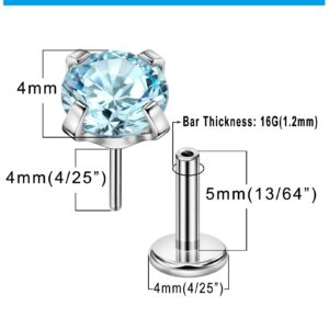 Tragus Piercing Jewelry Surgical Steel Cartilage Earrings 16g Threadless Nose Stud 5mm Lip Ring Push in Labret 4mm Aquamarine CZ Nose Rings for Women Conch Stud Helix Earring Rook Earrings Flat Back