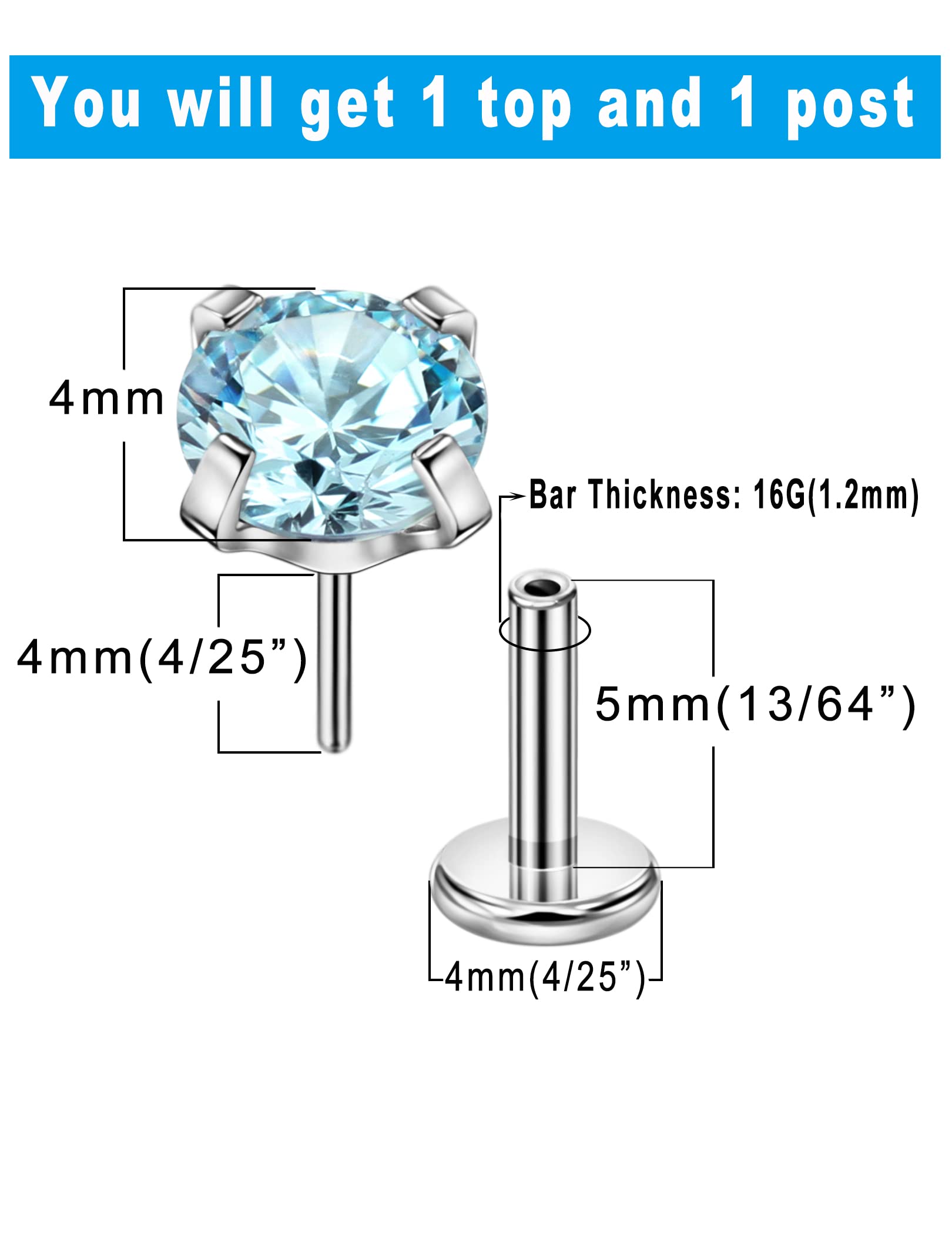 Tragus Piercing Jewelry Surgical Steel Cartilage Earrings 16g Threadless Nose Stud 5mm Lip Ring Push in Labret 4mm Aquamarine CZ Nose Rings for Women Conch Stud Helix Earring Rook Earrings Flat Back