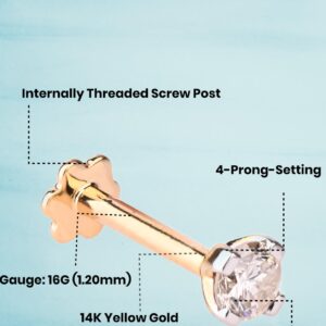 Demira Jewels 14K Yellow Gold Diamond Nose Pin - 0.02 to 1/6ct natural diamond, 16G Gauge, HI Color, I1-I2 Clarity, Kimberley Process Certified.