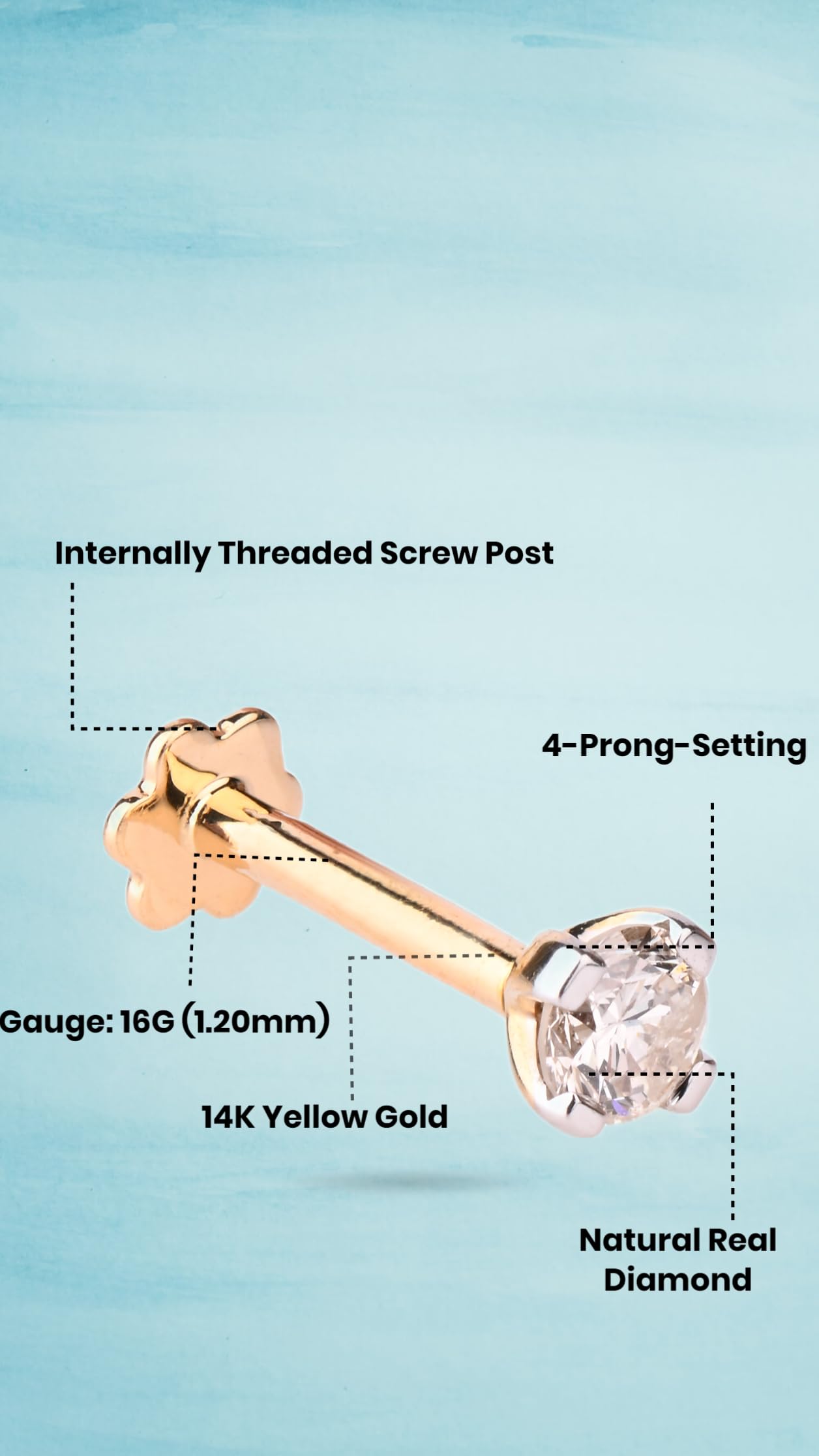 Demira Jewels 14K Yellow Gold Diamond Nose Pin - 0.02 to 1/6ct natural diamond, 16G Gauge, HI Color, I1-I2 Clarity, Kimberley Process Certified.