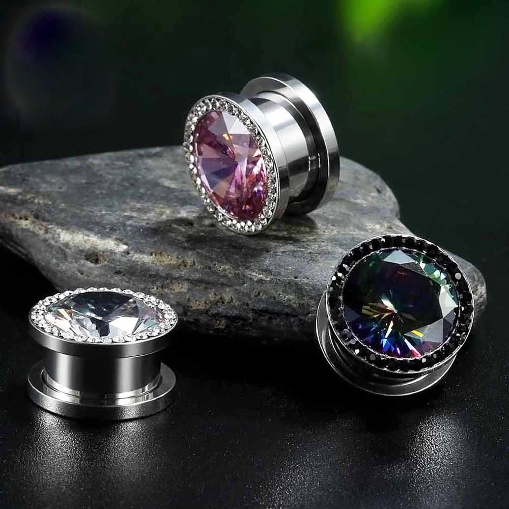 NewZenro Black Crystal Rhinestones Rainbow Round CZ Ear Tunnels Plugs Expander Gauges Stretcher Earrings Screw Stainless Steel Piercing Body Jewelry Personalized Gifts (0g(8mm))