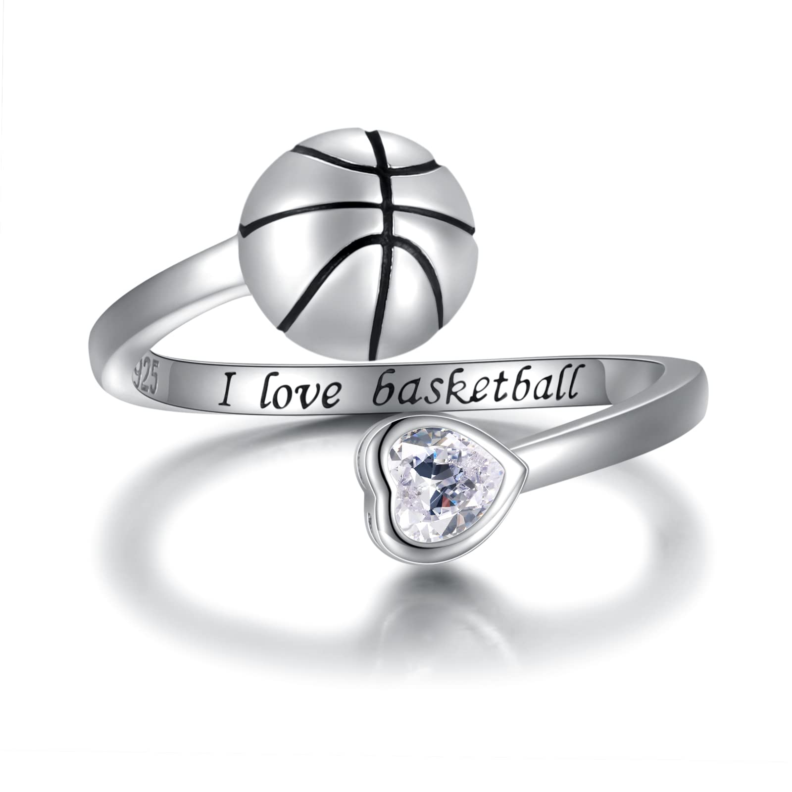 925 Sterling Silver Basketball Baseball Softball Football Tennis Racket Ring Adjustable Sports Jewelry Gifts for Women Player Mom (Basketball)