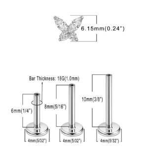 FANSING Clear CZ Butterfly Nose Studs for Women Nostril Piercing Jewelry Silver Earrings Stud Surgical Steel Cartilage Conch Helix Tragus Piercing with 18g 6mm 8mm 10mm Internally Threaded Posts