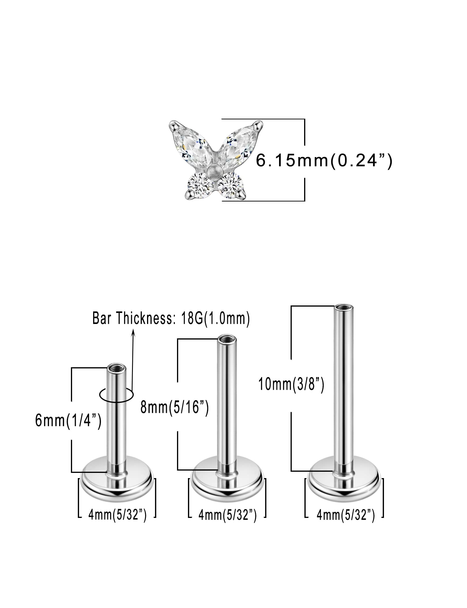 FANSING Clear CZ Butterfly Nose Studs for Women Nostril Piercing Jewelry Silver Earrings Stud Surgical Steel Cartilage Conch Helix Tragus Piercing with 18g 6mm 8mm 10mm Internally Threaded Posts