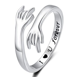 zoexue hug rings for women sterling silver: i love you hand sign language adjustable open hugging ring hands jewelry finger rings birthday gifts for mom daughter granddaughter