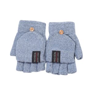 Knitted Warm Convertible Flip Mittens Top Fingerless Men Winter Gloves Men Gloves Womens Ski Mittens (Light Blue, A)