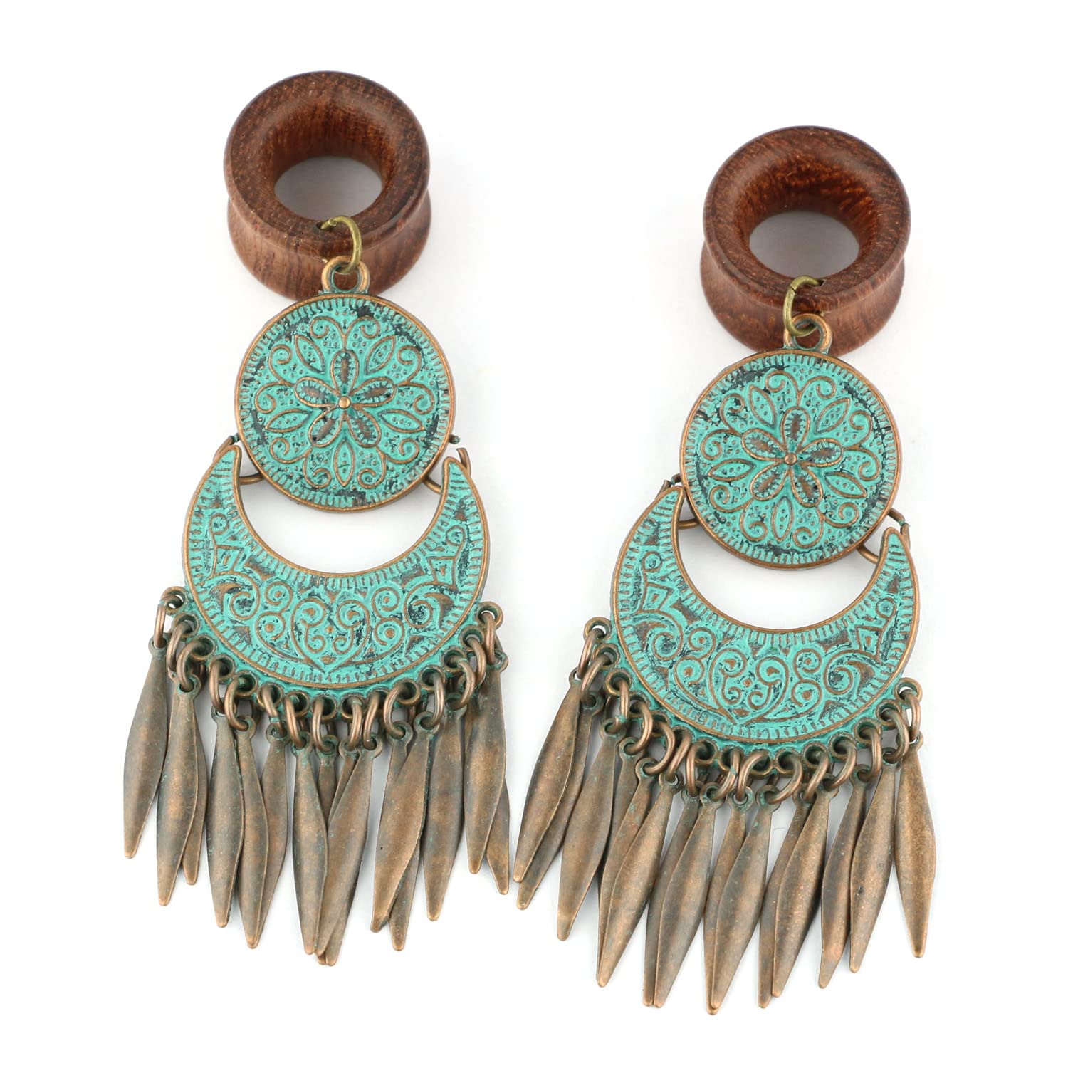 Balala 7/8" 22mm Verdigris Antique Brass Wood Dangle Ear Gauges Piercing Flesh Tunnels Plugs Statement Earrings