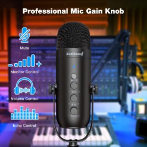 ZealSound Gaming Microphone Kit,Podcast Condenser USB Mic with Boom Arm,Supercardioid Microphone with Mute Button,Echo Volume Gain Knob,Adjust Monitor for Phone PC Computer (Black)