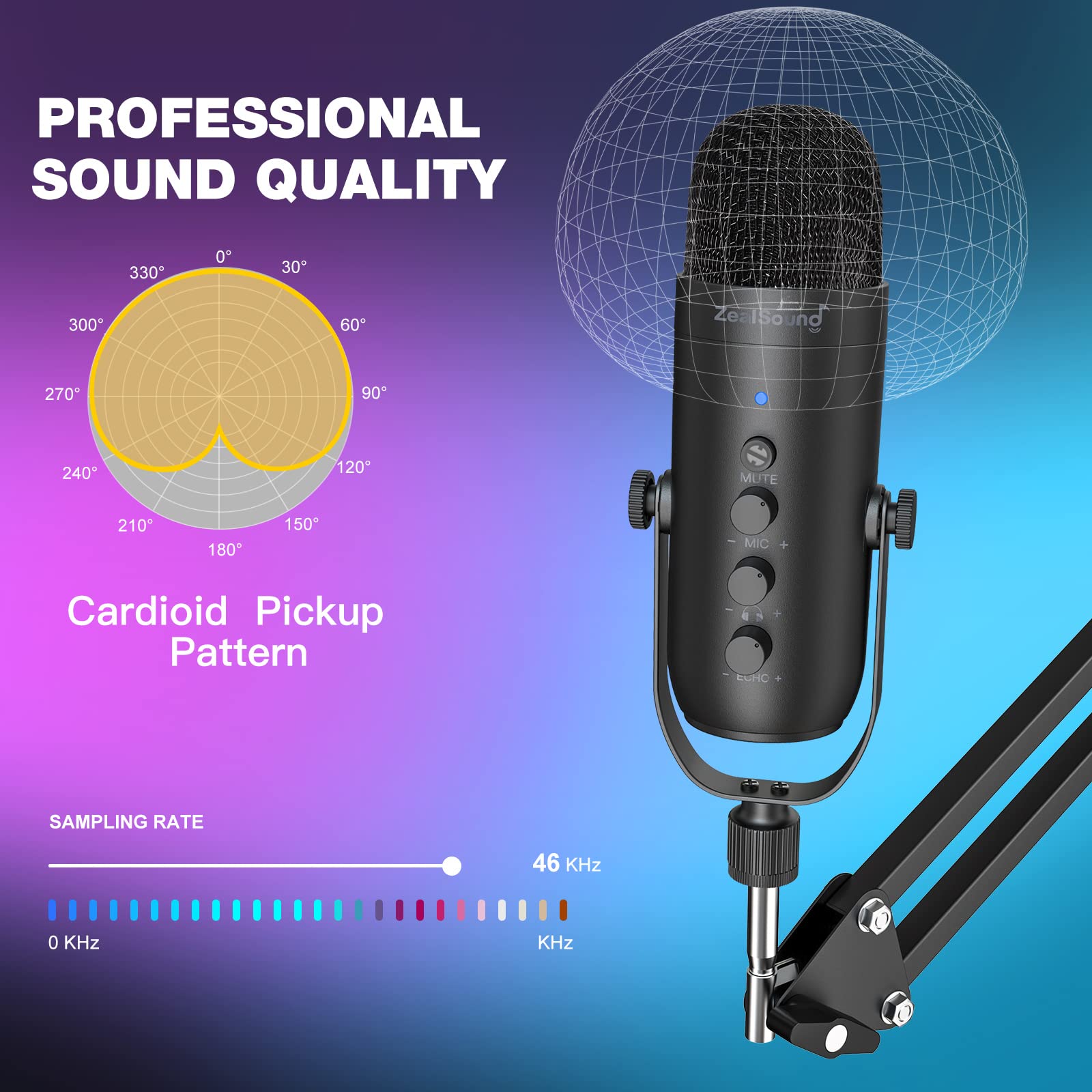 ZealSound Gaming Microphone Kit,Podcast Condenser USB Mic with Boom Arm,Supercardioid Microphone with Mute Button,Echo Volume Gain Knob,Adjust Monitor for Phone PC Computer (Black)