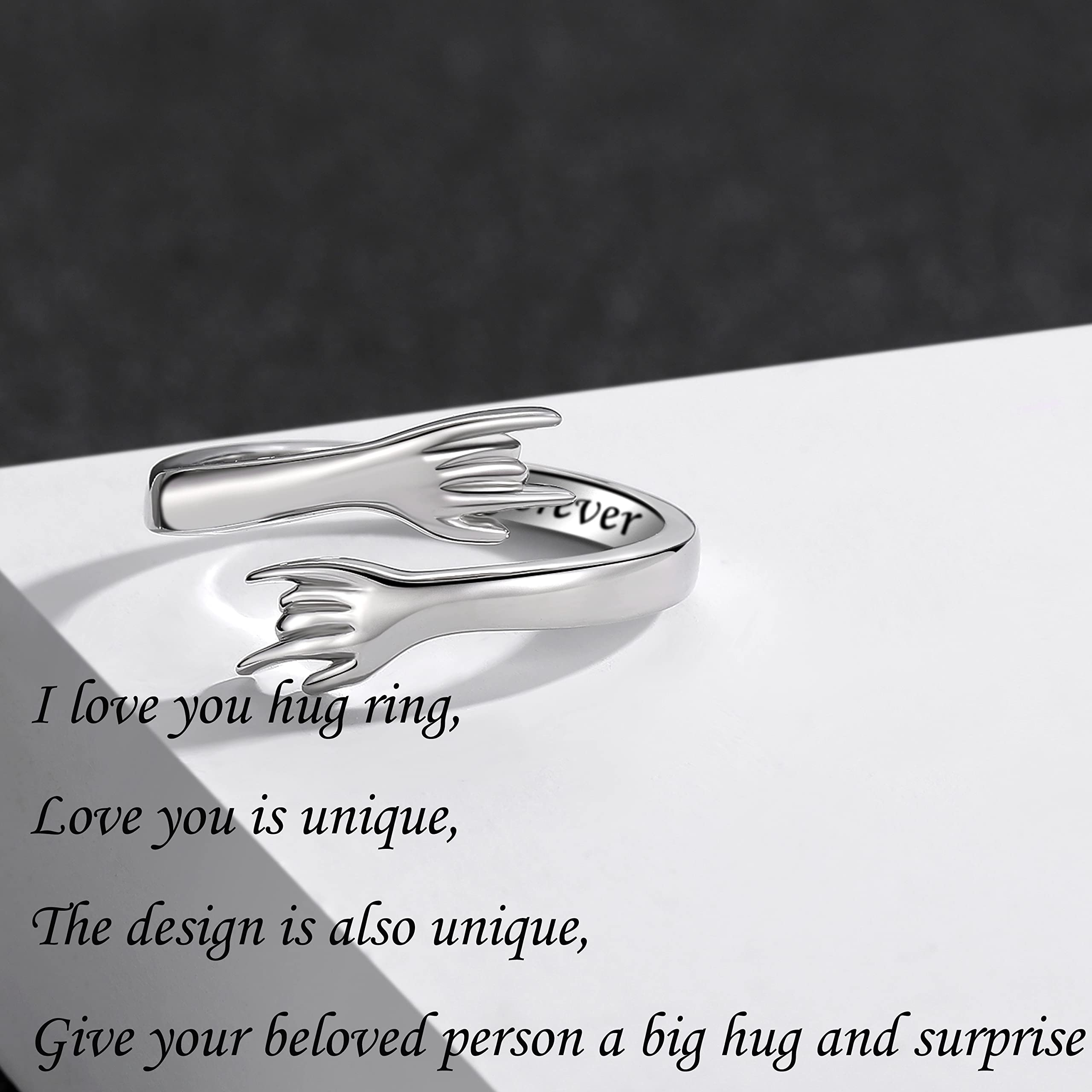 ZOEXUE Hug Rings for Women Sterling Silver: I Love You Hand Sign Language Adjustable Open Hugging Ring Hands Jewelry Finger Rings Birthday Gifts for Mom Daughter Granddaughter