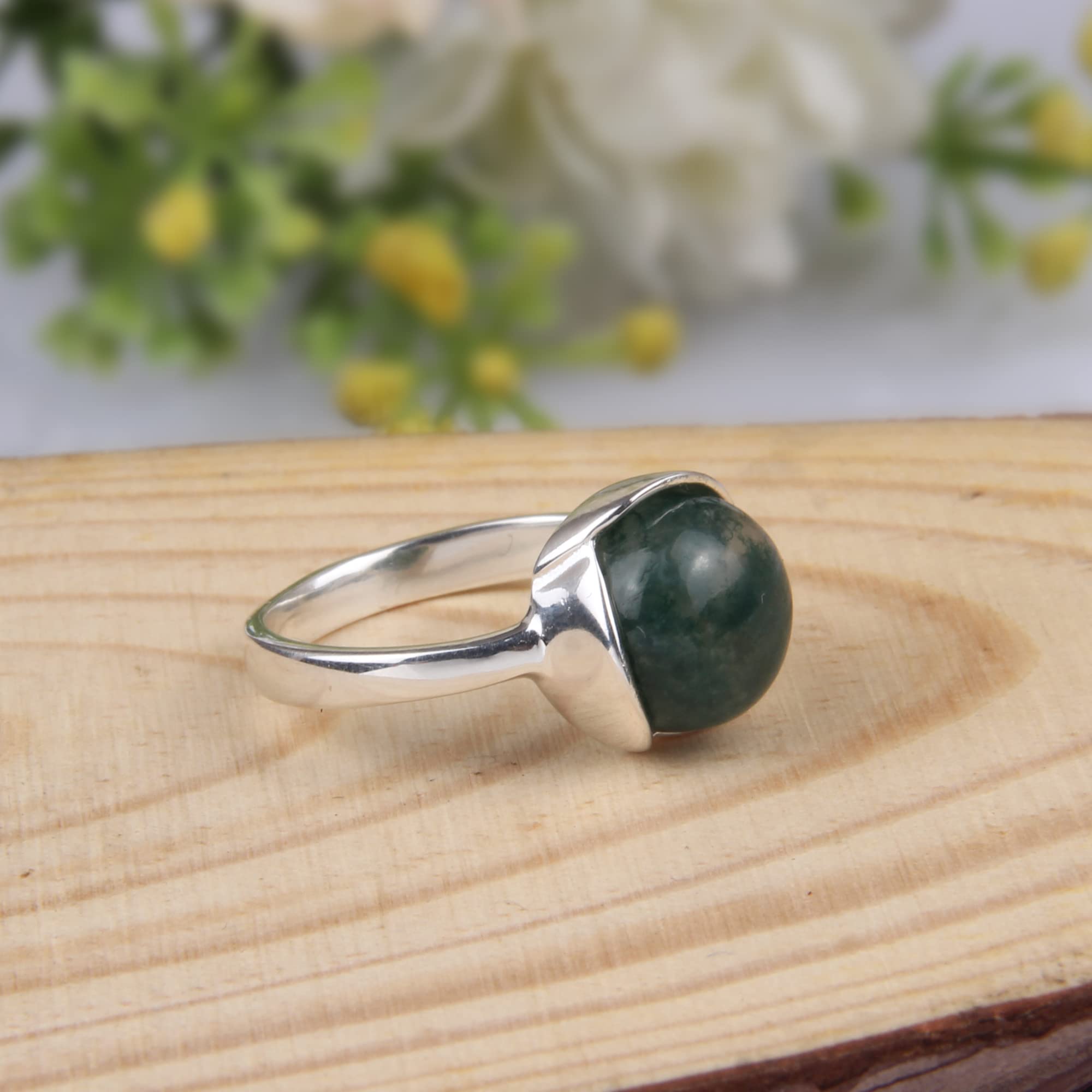 DHRUVANSH CREATIONS 925 Sterling Silver Round 10 MM Moss Agate Gemstone Ring Personalized Promise Ring Abstract Ring for Women (5)