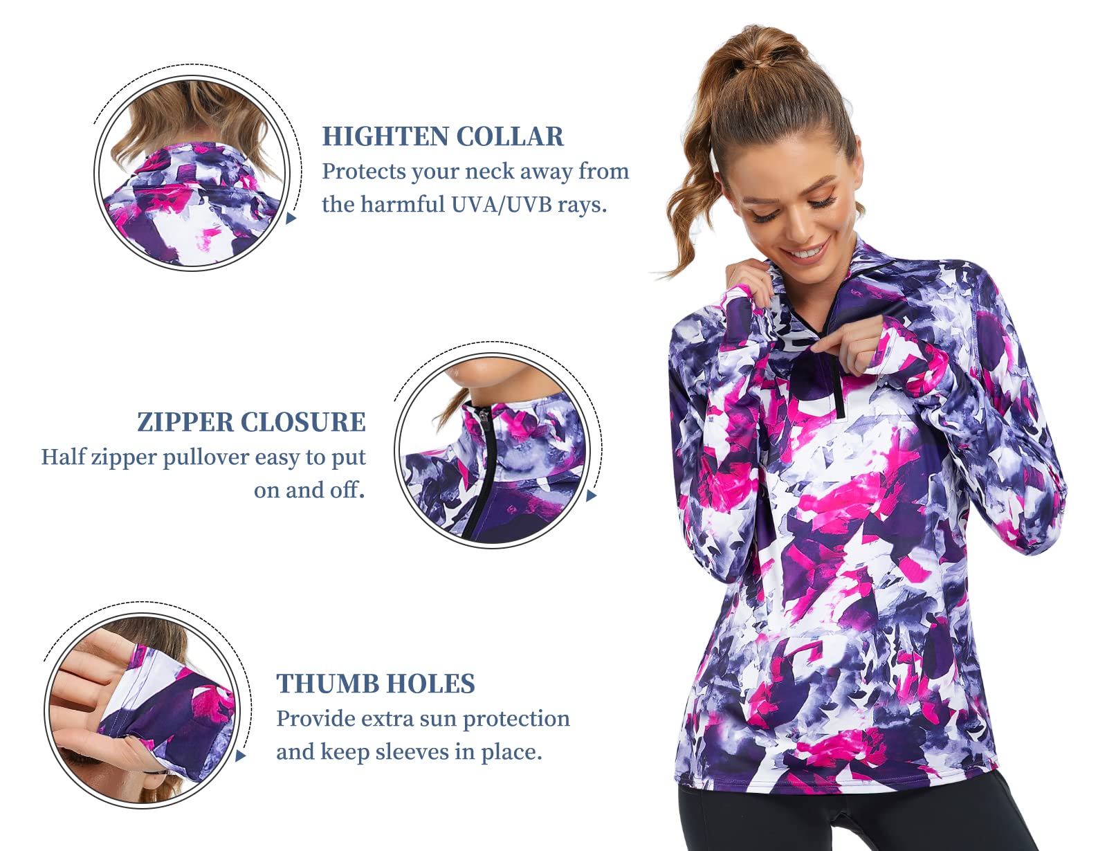 Tanst Sky SPF Shirts for Women Long Sleeve, Quarter Zip Pullover Yoga Jackets Fashion Ladies Workout Athletic Tops Running Hiking Activewear Tie Dye X-Large