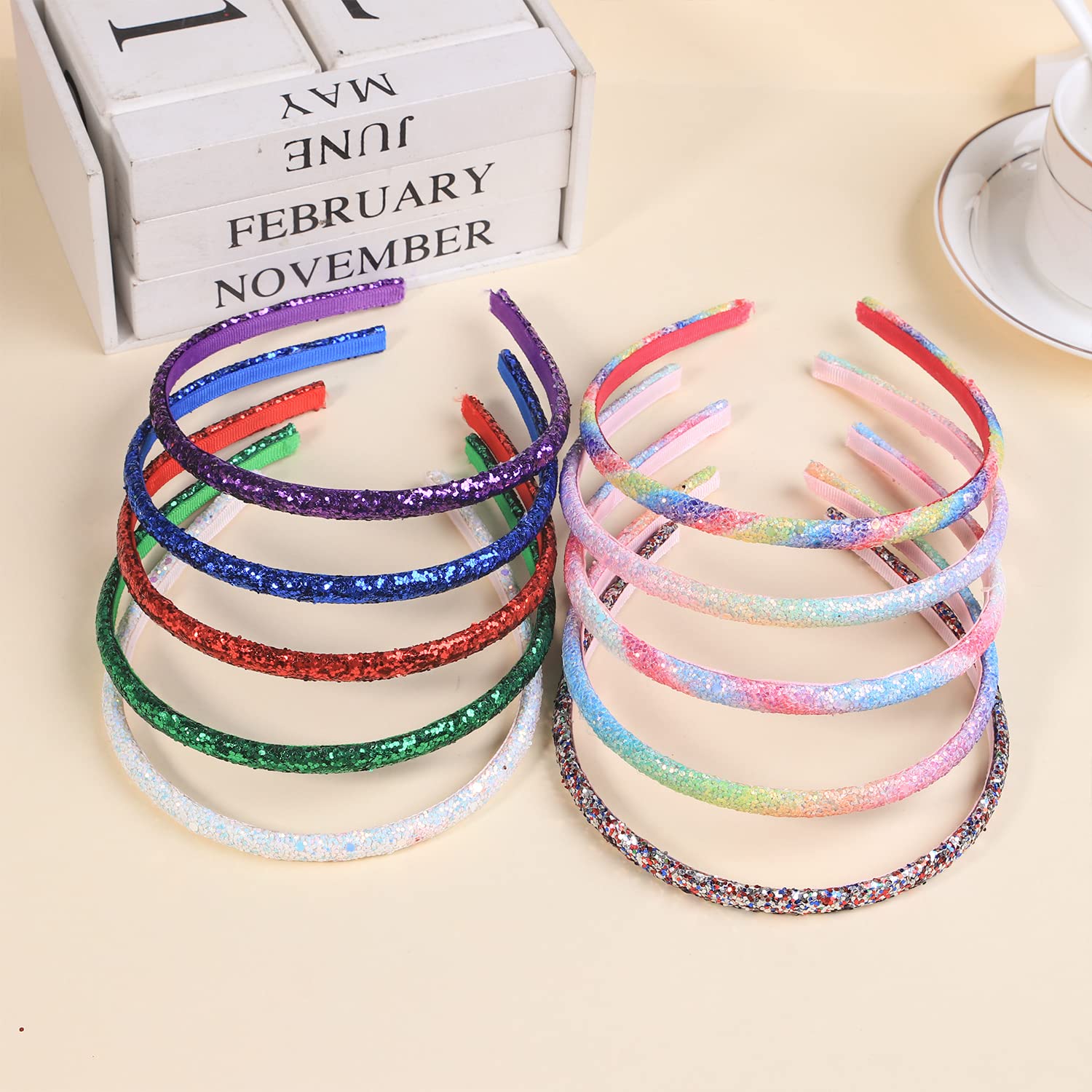 WANYU 10 Colors Thin Headbands for Girls Toddler Headband 10mm Thickness Glitter Kids Hairbands No Slip Girl Hair Accessories