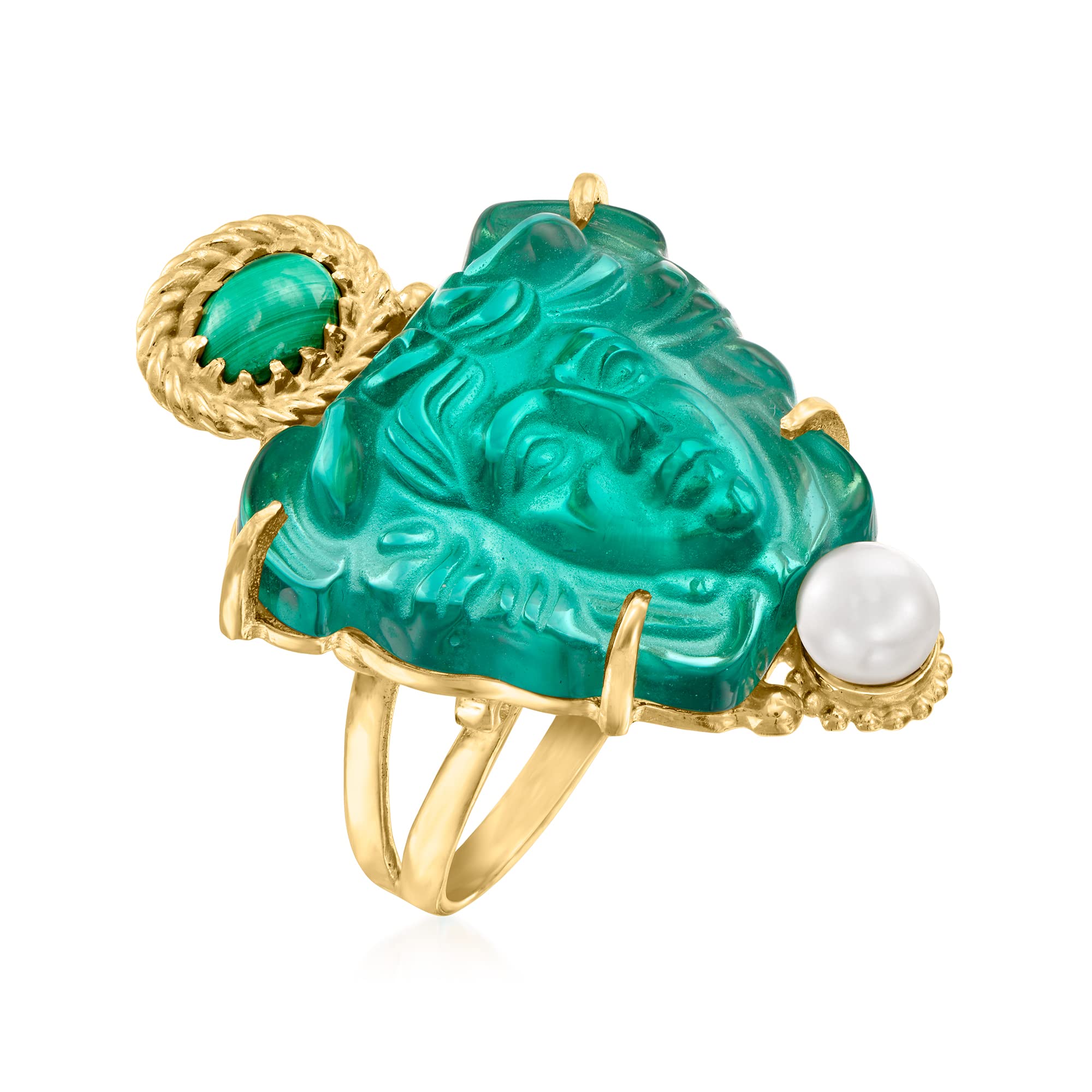 Ross-Simons Italian Tagliamonte Green Venetian Glass, Malachite and 5-5.5mm Cultured Pearl Medusa Ring in 18kt Gold Over Sterling. Size 8