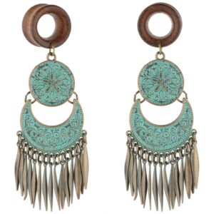 Balala 7/8" 22mm Verdigris Antique Brass Wood Dangle Ear Gauges Piercing Flesh Tunnels Plugs Statement Earrings