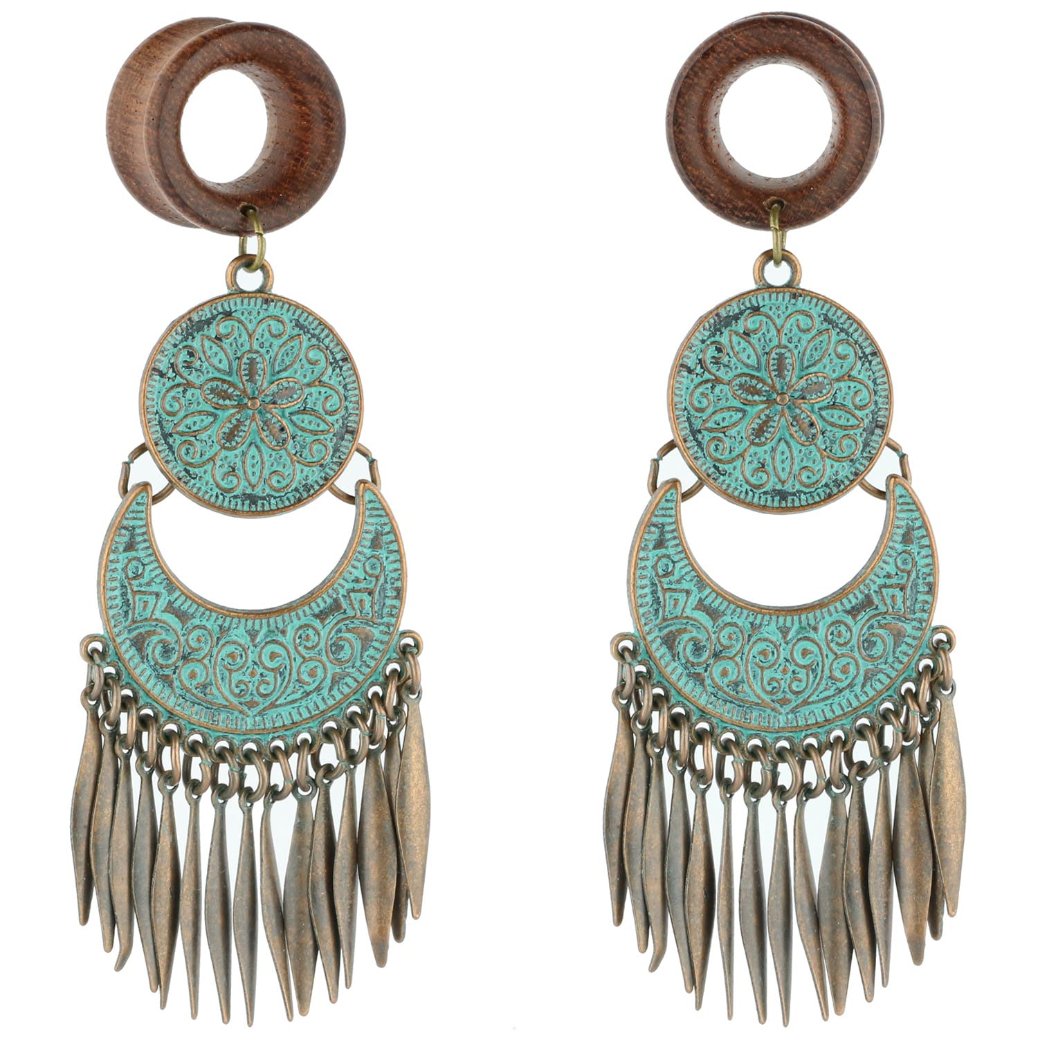 Balala 7/8" 22mm Verdigris Antique Brass Wood Dangle Ear Gauges Piercing Flesh Tunnels Plugs Statement Earrings