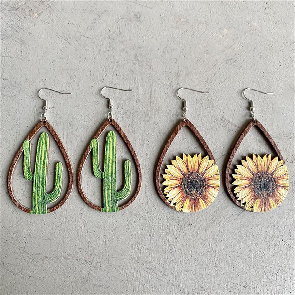 Western Cowgirl Cowboy Wooden Teardrop Dangle Earrings for Women Boho Vintage Turquoise Aztec Pattern Cactus Print Leather Earrings Jewelry(Sunflower)