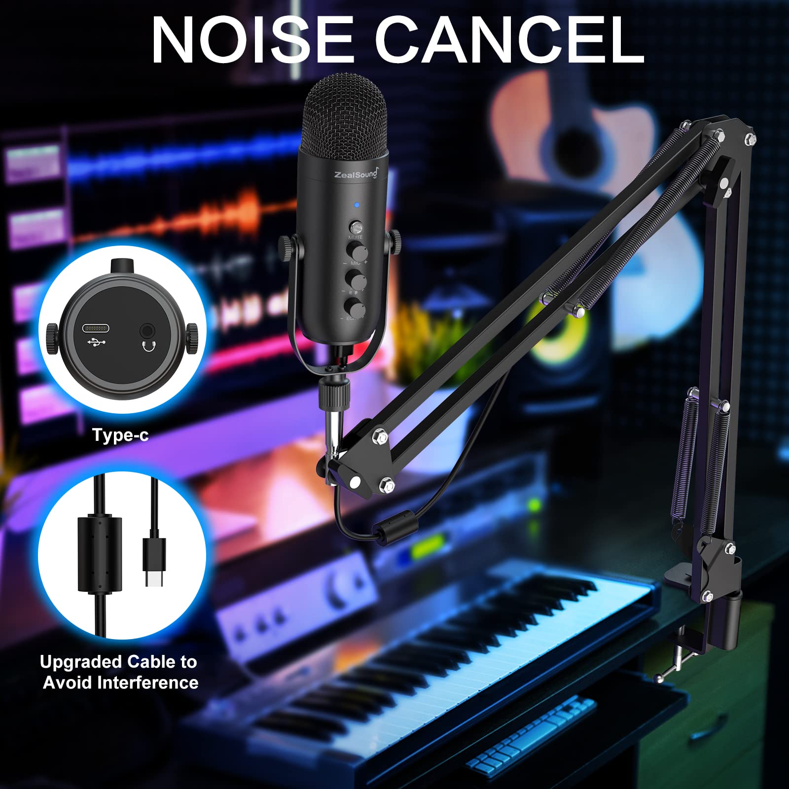 ZealSound Gaming Microphone Kit,Podcast Condenser USB Mic with Boom Arm,Supercardioid Microphone with Mute Button,Echo Volume Gain Knob,Adjust Monitor for Phone PC Computer (Black)