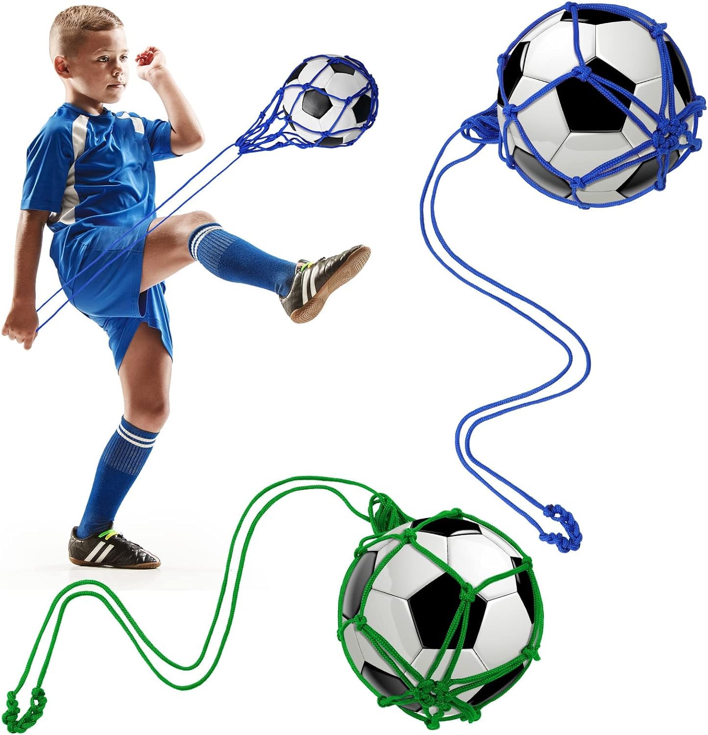 2 Pcs Solo Soccer Ball Net Soccer Training Equipment Soccer Practice Kick Bungee Trainer Juggling Net for Kids Youth Adults Kicking Practice, for Ball Size 3, 4, 5, Blue and Green