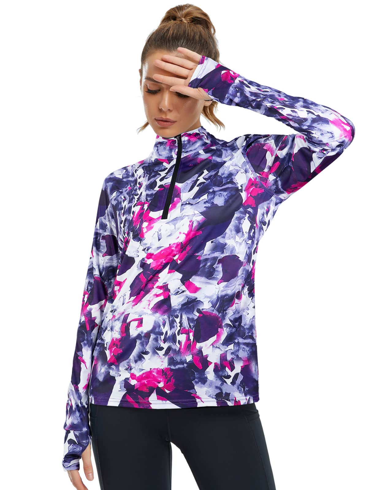 Tanst Sky SPF Shirts for Women Long Sleeve, Quarter Zip Pullover Yoga Jackets Fashion Ladies Workout Athletic Tops Running Hiking Activewear Tie Dye X-Large