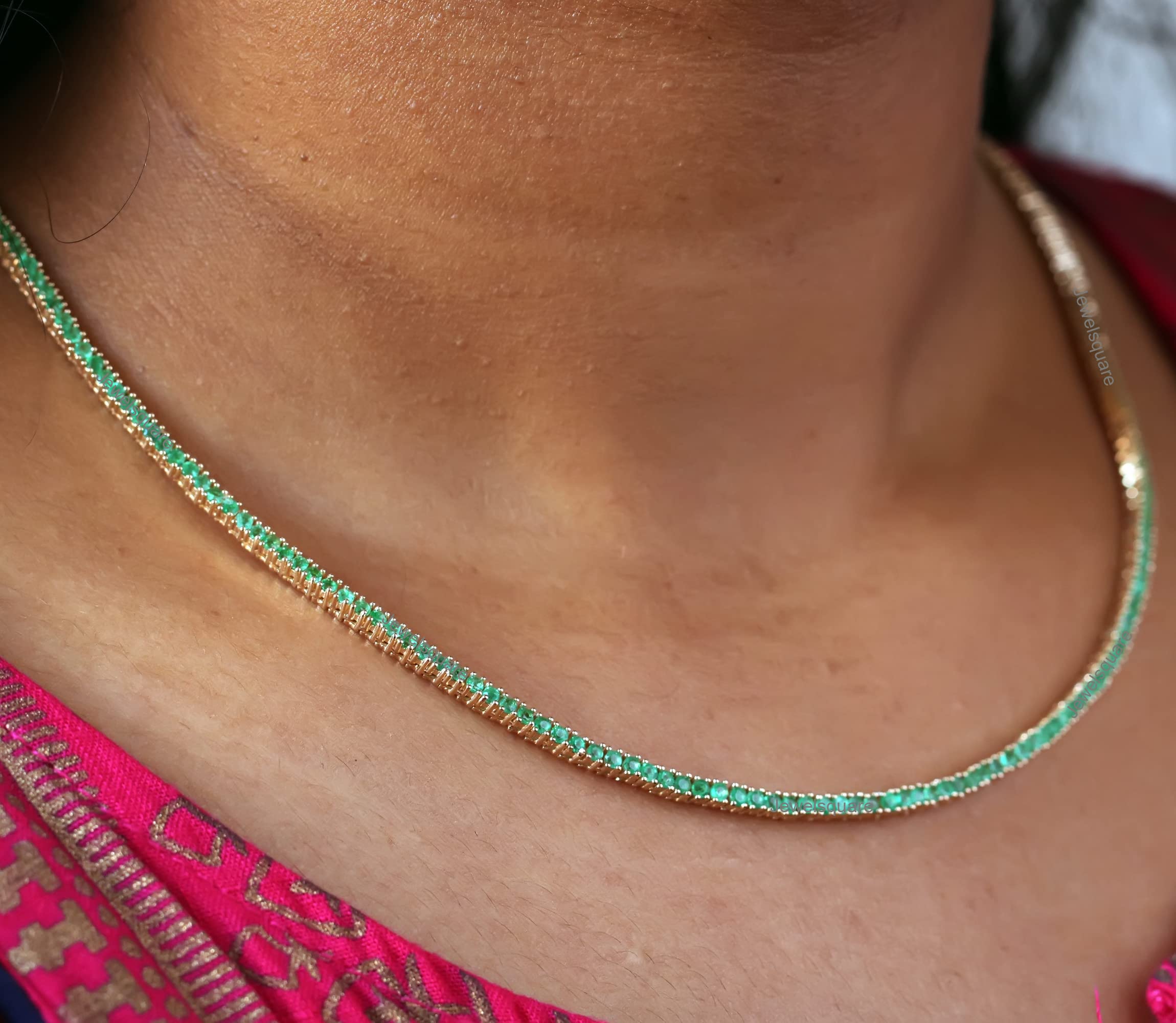 Jewel Square 1.8mm Emerald Tennis Choker Layered Chain Necklace In 925 Starling Silver Gold (Plated) 16"