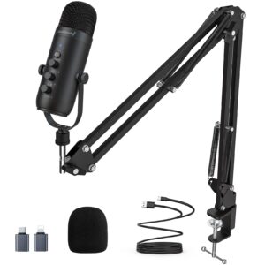 zealsound gaming microphone kit,podcast condenser usb mic with boom arm,supercardioid microphone with mute button,echo volume gain knob,adjust monitor for phone pc computer (black)