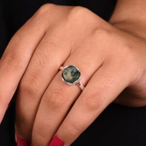 DHRUVANSH CREATIONS 925 Sterling Silver Round 10 MM Moss Agate Gemstone Ring Personalized Promise Ring Abstract Ring for Women (5)