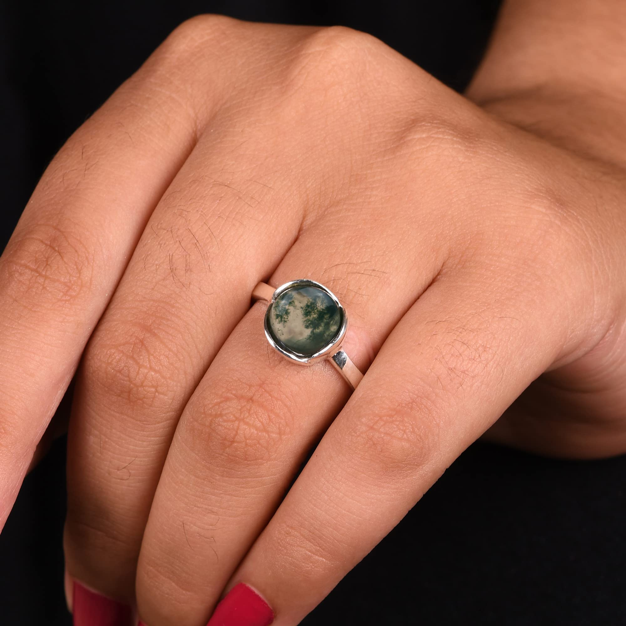 DHRUVANSH CREATIONS 925 Sterling Silver Round 10 MM Moss Agate Gemstone Ring Personalized Promise Ring Abstract Ring for Women (5)