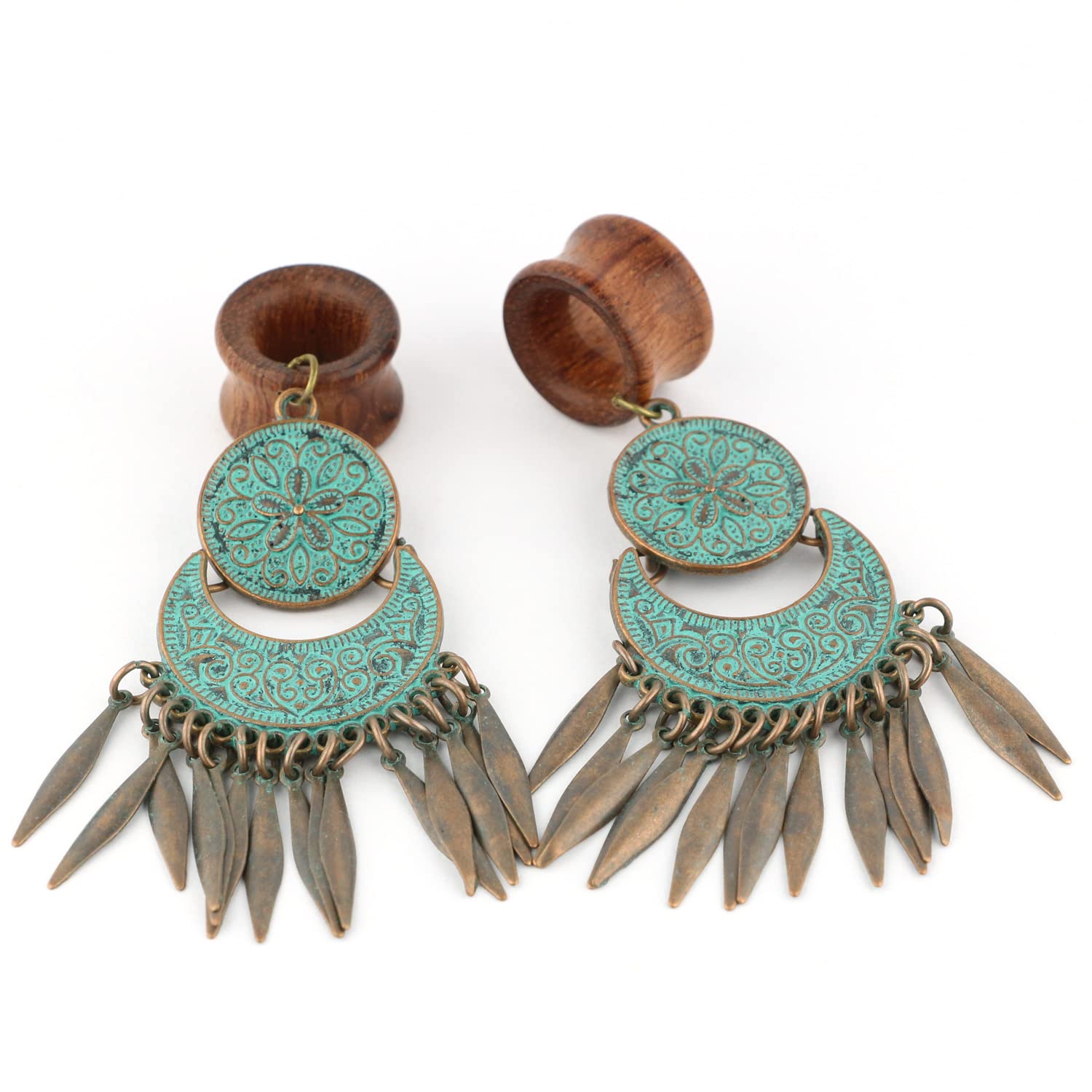 Balala 7/8" 22mm Verdigris Antique Brass Wood Dangle Ear Gauges Piercing Flesh Tunnels Plugs Statement Earrings