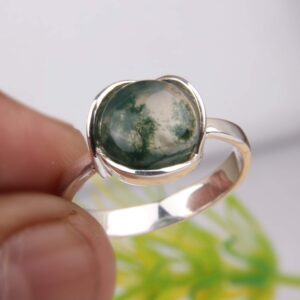 DHRUVANSH CREATIONS Natural Moss Agate Gemstone Genuine 925 Sterling Silver Ring for Women Size 5 to 12 (7.5)