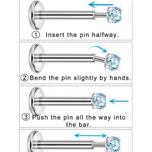 Tragus Piercing Jewelry Surgical Steel Cartilage Earrings 16g Threadless Nose Stud 5mm Lip Ring Push in Labret 4mm Aquamarine CZ Nose Rings for Women Conch Stud Helix Earring Rook Earrings Flat Back