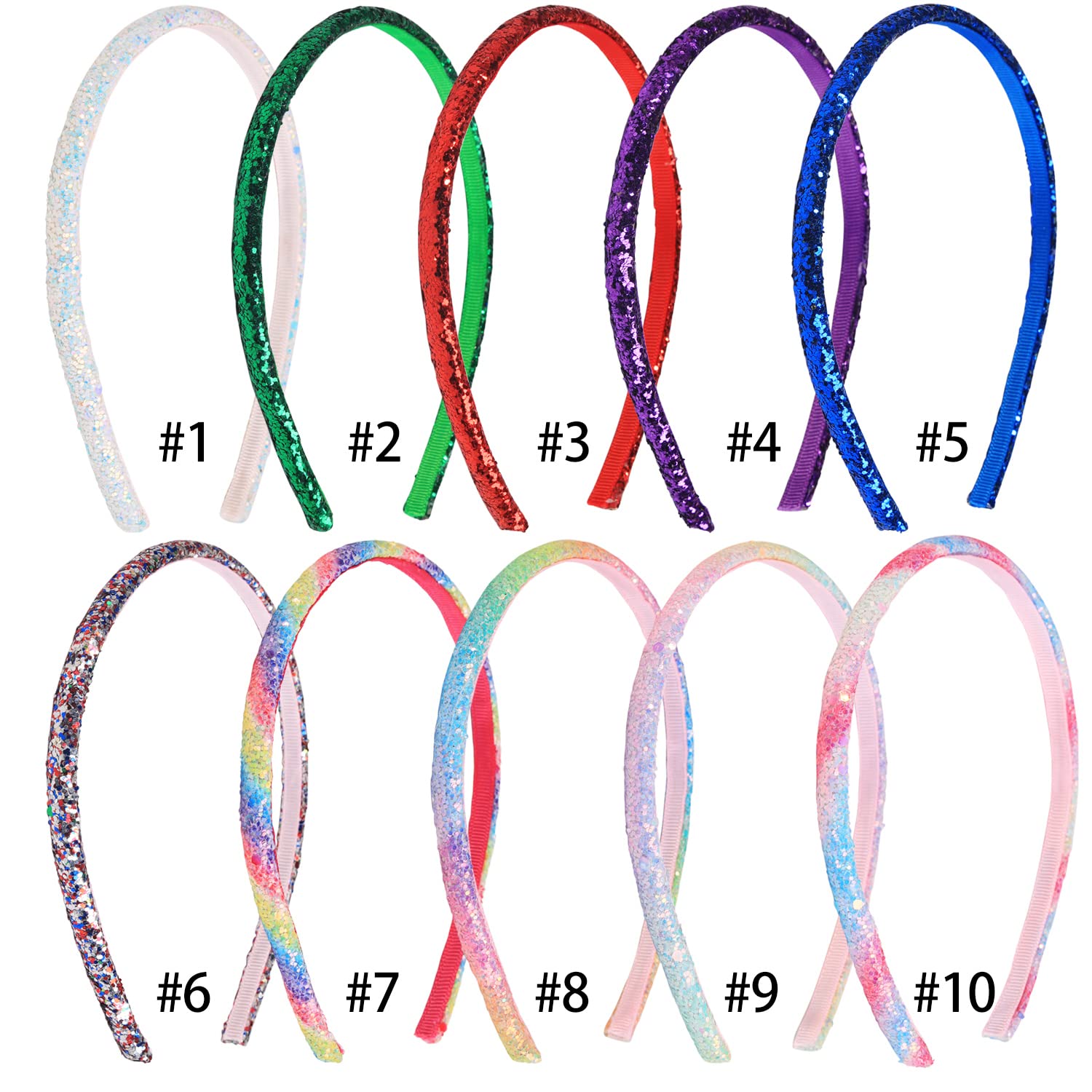 WANYU 10 Colors Thin Headbands for Girls Toddler Headband 10mm Thickness Glitter Kids Hairbands No Slip Girl Hair Accessories