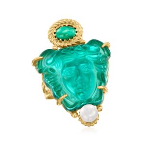 Ross-Simons Italian Tagliamonte Green Venetian Glass, Malachite and 5-5.5mm Cultured Pearl Medusa Ring in 18kt Gold Over Sterling. Size 8