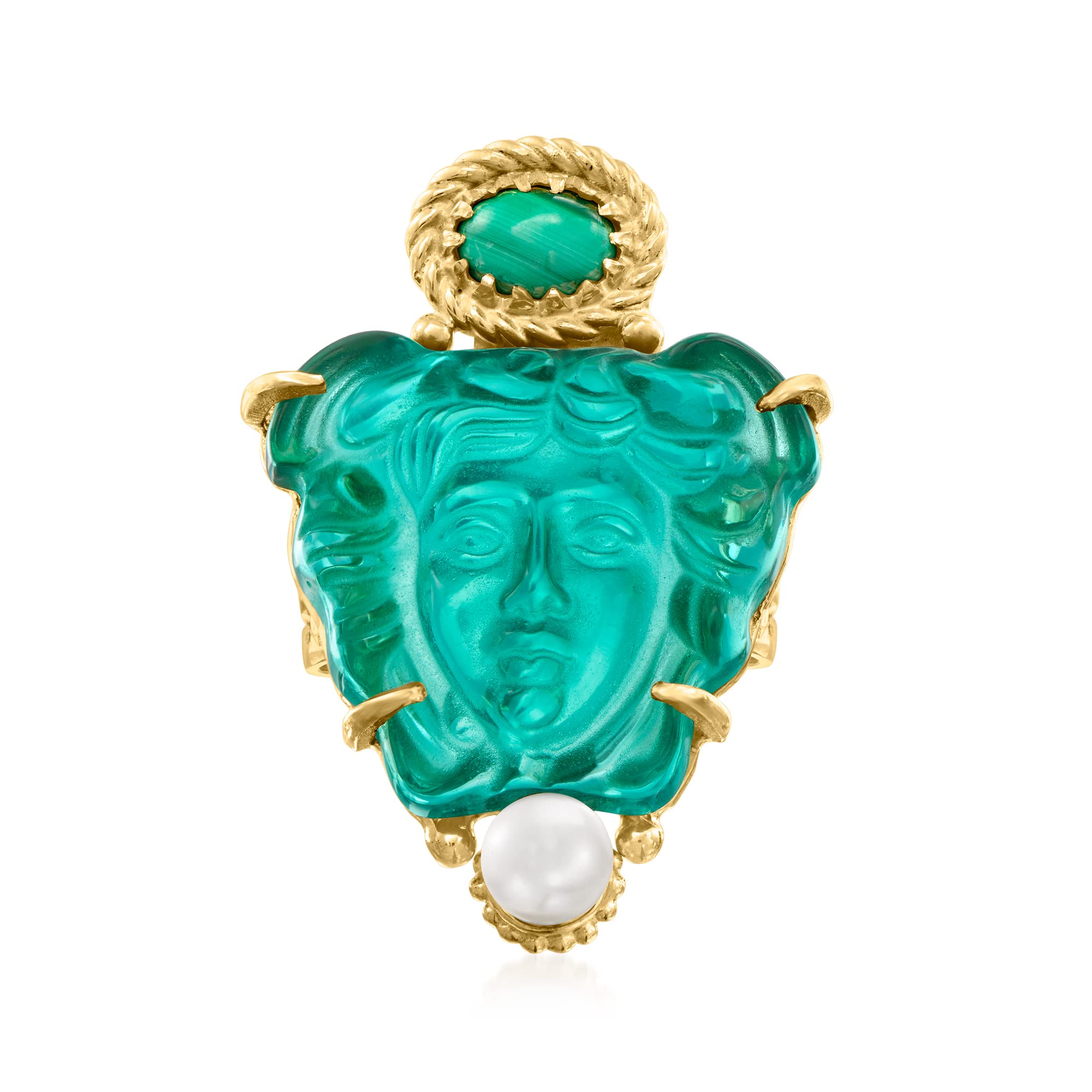 Ross-Simons Italian Tagliamonte Green Venetian Glass, Malachite and 5-5.5mm Cultured Pearl Medusa Ring in 18kt Gold Over Sterling. Size 8