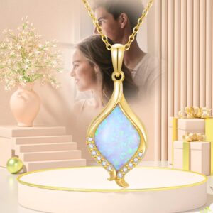 Ayafee 14K Real Gold White Opal with Genuine Diamond Pendant Necklace for Women Opal Jewelry Gift for Birthday Valentine’s Day Chain 16-18" (1/20 ctw, D, VVS1)