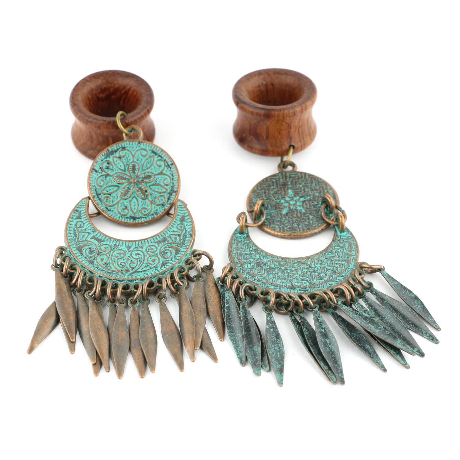 Balala 7/8" 22mm Verdigris Antique Brass Wood Dangle Ear Gauges Piercing Flesh Tunnels Plugs Statement Earrings