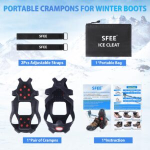 Sfee Crampons Ice Cleats, V3 Tungsten Ice Cleats for Shoes and Boots Crampons for Hiking Boots Ice Cleats for Women Men Kids Traction Cleats for Walking on Snow Ice Grips for Fishing, Walking, Running