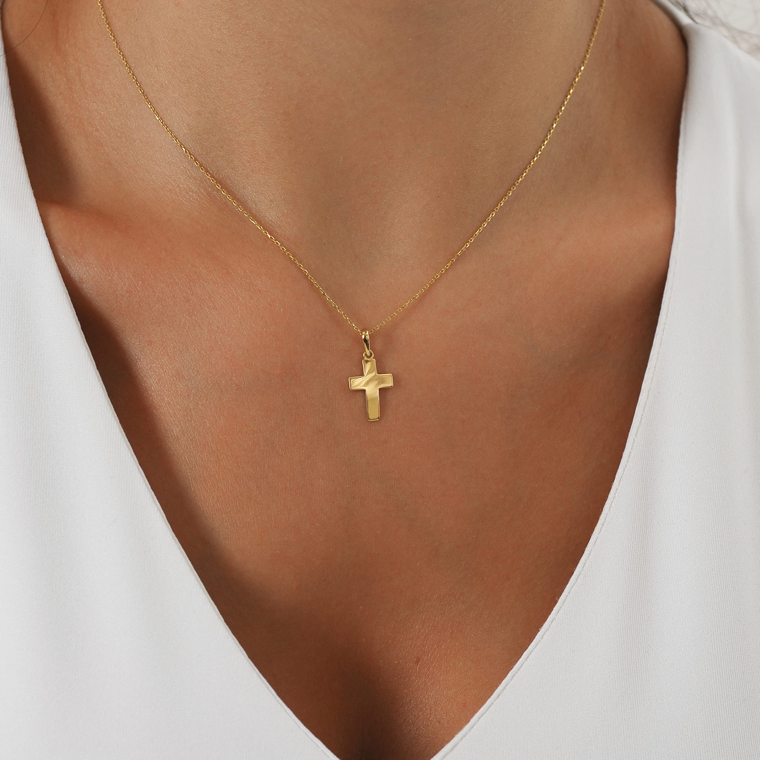 MIONZA 14K Solid Gold Cross Necklace for Women, Women’s Yellow Gold Cross Pendant Necklace | Christian Necklace, Crucifix Necklace, Gift for Her 18''