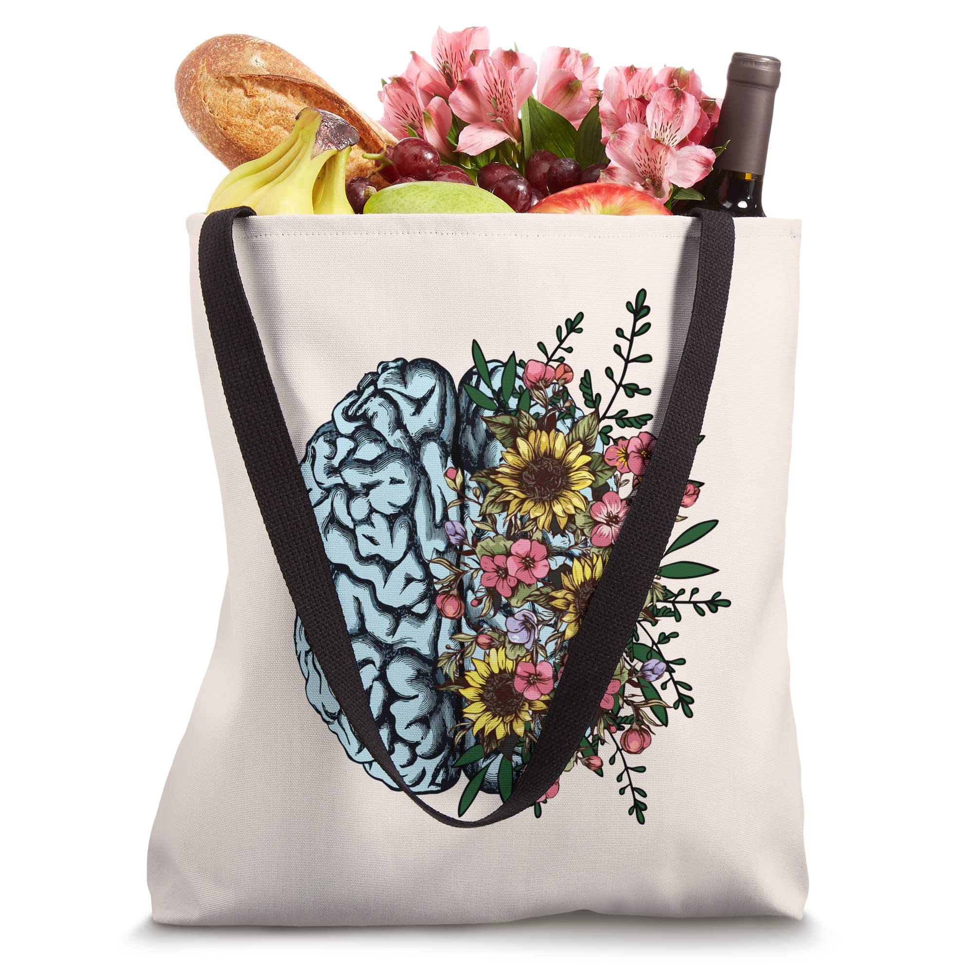 Blue floral brain and sunflower, mental, human intellect Tote Bag